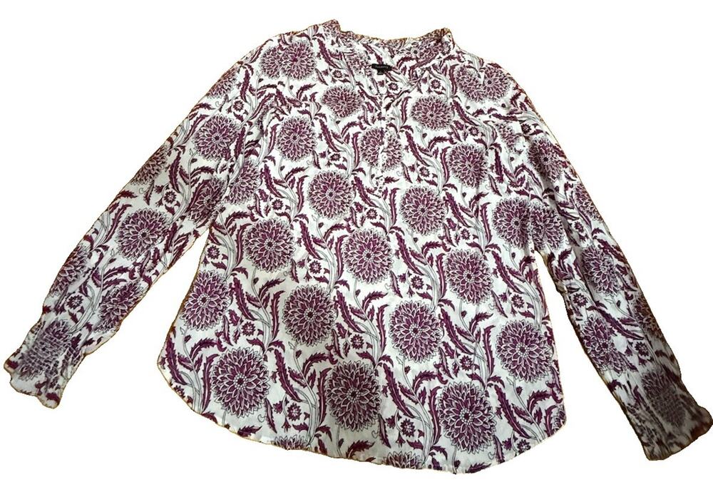 TALBOTS Women’s Cotton Floral Purple Half Buttoned Blouse Smock Wrists Size LG